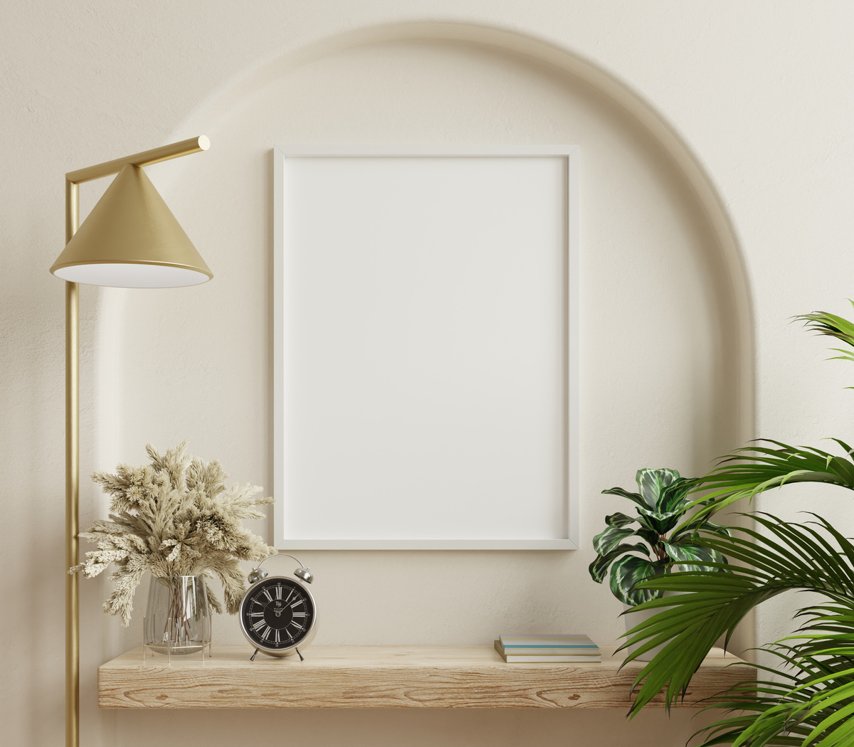 Poster mockup with vertical white frame in home interior bac